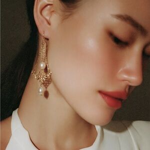 Pearl Drop Filigree Dangle Earrings - gold tone/faux pearl